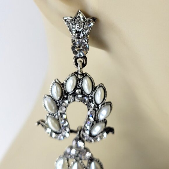 Crystal Chandelier Earrings with Pearls - Picture 3 of 8